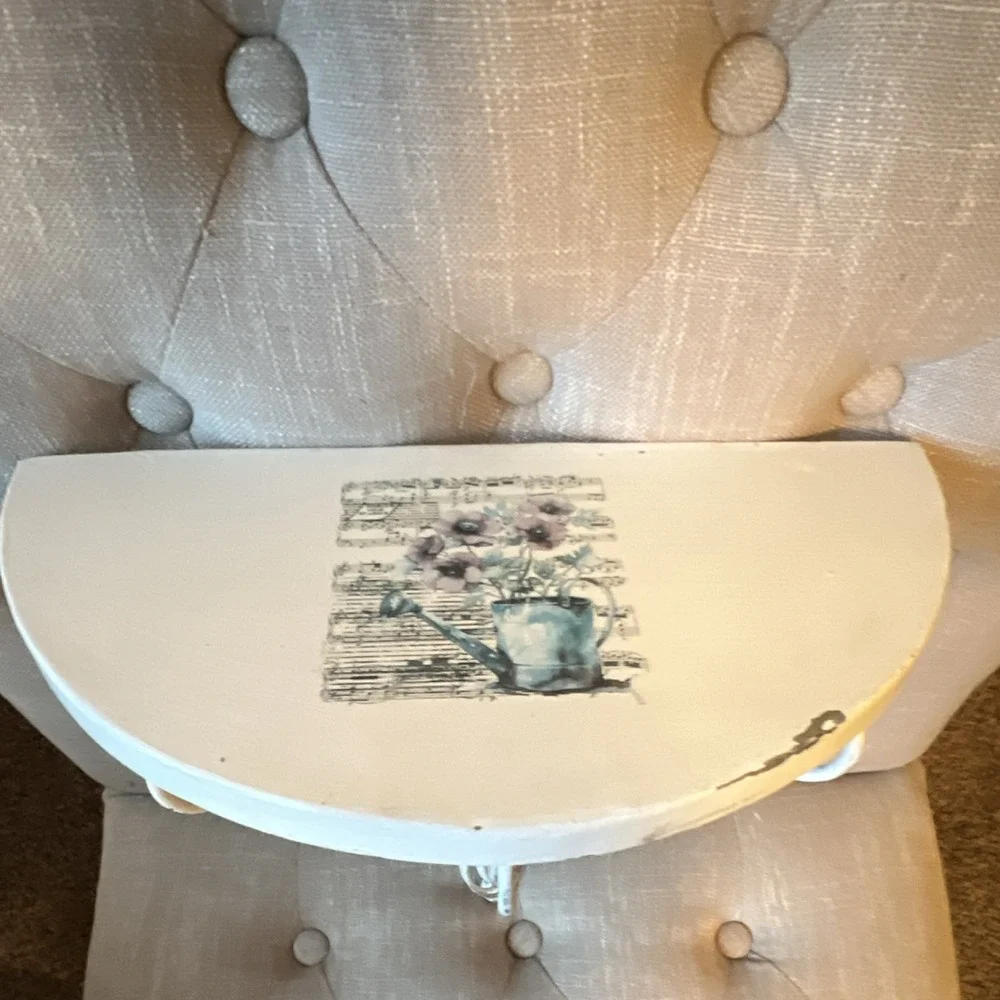 White Metal & Wood Semi-Circle Wall Shelf, Vintage Style, Watering Can Motif